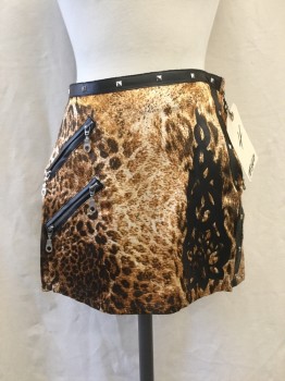 TOKYO, White, Brown, Beige, Black, Viscose, Faux Leather, Animal Print, Graphic, Leopard Print, 2 Zip Pockets, Faux Leather Studded Trim, D Ring Back Detail, Black Graphic
