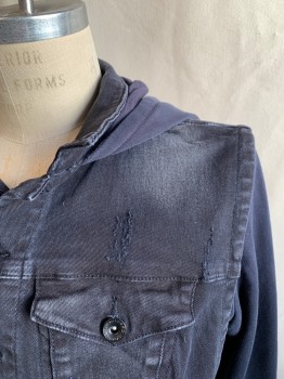 PARASUCO, Navy Blue, Cotton, Spandex, Solid, Jean Vest with Navy Sweatshirt Sleeves and Attached Hood, Button Front, Collar Attached, 4 Pockets, Button Tabs at Back Waist