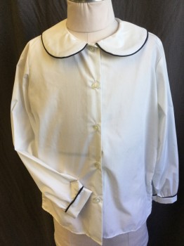 Childrens, Blouse, BECKY THATCHER, White, Navy Blue, Cotton, Polyester, Solid, 12, Navy Piping Trim on Scalloped  Collar Attached and Long Sleeves with Cuff, Button Front,