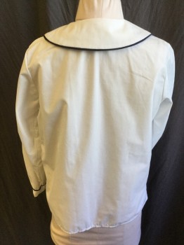 Childrens, Blouse, BECKY THATCHER, White, Navy Blue, Cotton, Polyester, Solid, 12, Navy Piping Trim on Scalloped  Collar Attached and Long Sleeves with Cuff, Button Front,