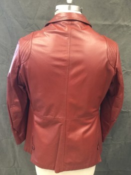 Mens, Leather Jacket, N/L, Brick Red, Leather, Solid, Ch 46, Button Front, Collar Attached, Long Sleeves, 2 Single Welt Pockets, 2 Patch Button Flap Chest Pockets, Quilted Shoulder Panels, Button Tabs at Back Vents