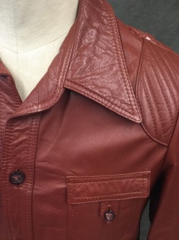 Mens, Leather Jacket, N/L, Brick Red, Leather, Solid, Ch 46, Button Front, Collar Attached, Long Sleeves, 2 Single Welt Pockets, 2 Patch Button Flap Chest Pockets, Quilted Shoulder Panels, Button Tabs at Back Vents