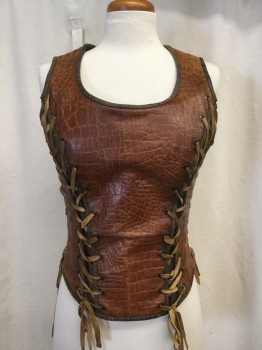Womens, Sci-Fi/Fantasy Breastplate, MTO, Caramel Brown, Black, Leather, Vinyl, Reptile/Snakeskin, Solid, W24+, B34+, H34+, Scoop Neck, Sleeveless, Hidden Zip Back, Lace Up Sides and Princess Seams, Poly Knit Lined, Some Bust Padding, Corset Boning, Warrior Princess, Future Tough Girl, Adjustable, Multiples