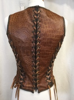 Womens, Sci-Fi/Fantasy Breastplate, MTO, Caramel Brown, Black, Leather, Vinyl, Reptile/Snakeskin, Solid, W24+, B34+, H34+, Scoop Neck, Sleeveless, Hidden Zip Back, Lace Up Sides and Princess Seams, Poly Knit Lined, Some Bust Padding, Corset Boning, Warrior Princess, Future Tough Girl, Adjustable, Multiples