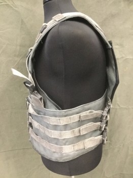 Mens, Breastplate, MTO, Gray, Cotton, Nylon, Solid, Adjust, S/M, Tactical Vest, Zip Front, Black Leather Trim, Webbing Strap Shoulders with Metal Snap Buckles, 7.5" Outer Waistband Panel with Velcro Closure Front, 3 Webbing Straps Around Waist with Plastic Snap Buckles Front and Back, Angular Back Panel, Aged