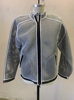 Mens, Jacket, JAMES LONG, White, Black, Ch 40, M, White Open See Thru Mesh, W/Black Underside Which Is Visible At Hem + Cuffs, Zip Front, Short Sleeve,  Stand Collar, 2 Hip Pockets, White Trim At Seams