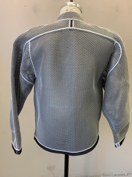 Mens, Jacket, JAMES LONG, White, Black, Ch 40, M, White Open See Thru Mesh, W/Black Underside Which Is Visible At Hem + Cuffs, Zip Front, Short Sleeve,  Stand Collar, 2 Hip Pockets, White Trim At Seams
