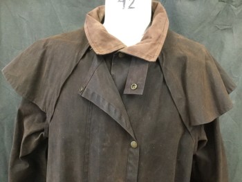 Mens, Coat, Duster, KOOLAH, Dk Brown, Oil Cloth, Cotton, Solid, 2XL, Snap Front Closure with Snap Over Storm Flap, 2 Flap Pockets, Snap Saddle Gusset, Snap Detachable Yoke Cape, Interior Leg Straps, Snap Tab Neck, Lighter Brown Cotton Collar, Snap Tab Cuffs, Old West