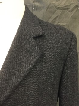 NAUTICA, Gray, Black, Wool, Polyester, Herringbone, Button Front, Collar Attached, Notched Lapel, Long Sleeves, 2 Pockets, Below Knee Length *1 Missing Button*
