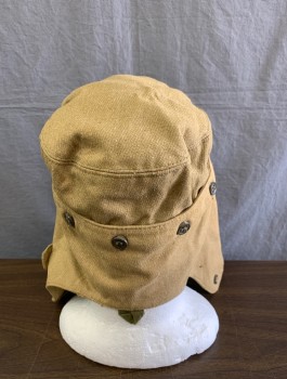 Mens, Hat, Military Uniform, N/L, Tan Brown, Cotton, Heathered, Solid, 7 Buttons at Back of Head, Small Bill, Large Ear Flap with 8 Buttons,