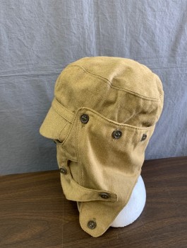 Mens, Hat, Military Uniform, N/L, Tan Brown, Cotton, Heathered, Solid, 7 Buttons at Back of Head, Small Bill, Large Ear Flap with 8 Buttons,