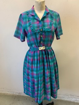 Womens, Dress, DIOR, Green, Raspberry Pink, Lavender Purple, Multi-color, Synthetic, Plaid, Plaid - Tattersall, W32, B36, Short Sleeves, Half Button Front, 3 Gold Knot Buttons, Bib Front, Peter Pan Collar, Elastic Waist, Pleated Skirt, Self Belt with Ivory/Gold Flower Buckle, **Small Brown Stain on Bib