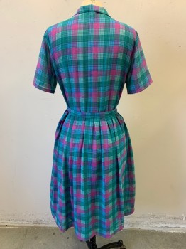 DIOR, Green, Raspberry Pink, Lavender Purple, Multi-color, Synthetic, Plaid, Plaid - Tattersall, Short Sleeves, Half Button Front, 3 Gold Knot Buttons, Bib Front, Peter Pan Collar, Elastic Waist, Pleated Skirt, Self Belt with Ivory/Gold Flower Buckle, **Small Brown Stain on Bib