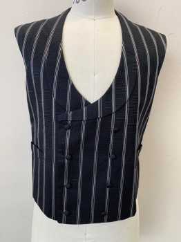 MTO, Black, Lt Gray, White, Silk, Polyester, Stripes - Vertical , Double Breasted, Shawl Collar, Coarse Weave 2 Faux Pockets, Lined Back Waistcoat with Back Belt