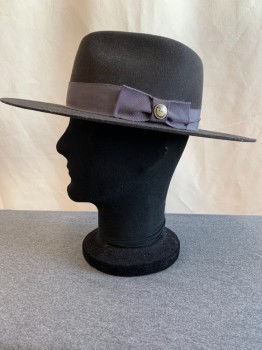 Mens, Fedora, GOORIN BROS. , Charcoal Gray, Wool, Solid, 7 3/8, L, Charcoal Hat, Ribbed Ribbon Band, Bow with a Castle Stud, Flat Wide Brim