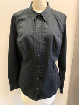 Womens, Blouse, EXPRESS, Black, Poly/Cotton, Spandex, Solid, M, Long Sleeves, Button Front, Collar Attached, Pleated Center Front,