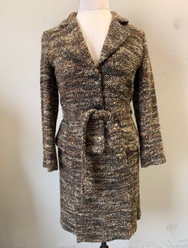 ZARA, Brown, Lt Brown, Beige, Acrylic, Wool, Speckled, Bumpy Boucle Texture Fabric, Single Breasted, 2 Buttons, Notched Lapel, Fitted, Dark Brown Lining, **With Matching Fabric Belt