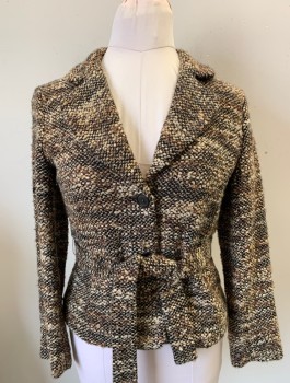ZARA, Brown, Lt Brown, Beige, Acrylic, Wool, Speckled, Bumpy Boucle Texture Fabric, Single Breasted, 2 Buttons, Notched Lapel, Fitted, Dark Brown Lining, **With Matching Fabric Belt