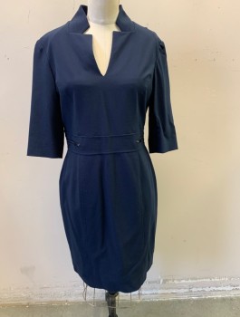 TAHARI, Navy Blue, Polyester, Rayon, Solid, 3/4 Sleeves, Stand Collar with V-Notch, 2" Wide Self Waistband with Decorative Zippers, Sheath Dress, Knee Length