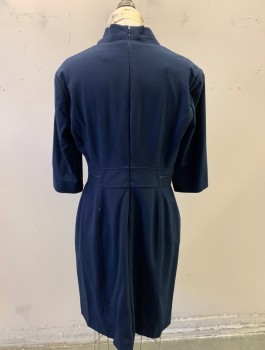 Womens, Dress, Long & 3/4 Sleeve, TAHARI, Navy Blue, Polyester, Rayon, Solid, B 36, 8, W 32, 3/4 Sleeves, Stand Collar with V-Notch, 2" Wide Self Waistband with Decorative Zippers, Sheath Dress, Knee Length