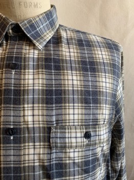 Mens, Casual Shirt, NORDSTROM, Black, White, Olive Green, Lt Gray, Cotton, Plaid, M, Collar Attached, Button Front, Long Sleeves, 1 Pocket