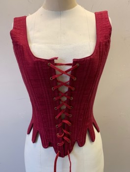 Womens, Historical Fiction Corset, N/L, Red Burgundy, Linen, Solid, B <34", S, W<27", 1" Wide Straps, Scoop Neck, Lace Up in Front and in Back, Boned Structure, Tabs at Waist/Hem, Made To Order Reproduction 1600's