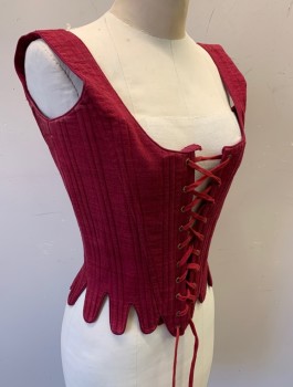 N/L, Red Burgundy, Linen, Solid, 1" Wide Straps, Scoop Neck, Lace Up in Front and in Back, Boned Structure, Tabs at Waist/Hem, Made To Order Reproduction 1600's