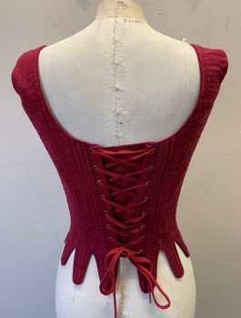 N/L, Red Burgundy, Linen, Solid, 1" Wide Straps, Scoop Neck, Lace Up in Front and in Back, Boned Structure, Tabs at Waist/Hem, Made To Order Reproduction 1600's
