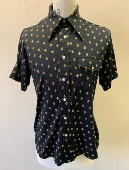 Mens, Casual Shirt, MARTINI, Black, Yellow, White, Polyester, Geometric, Diamonds, N:15, M, Stretchy, Short Sleeves, Button Front, Collar Attached, 1 Patch Pocket with Button Flap Closure,