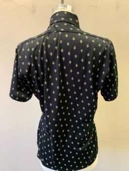 Mens, Casual Shirt, MARTINI, Black, Yellow, White, Polyester, Geometric, Diamonds, N:15, M, Stretchy, Short Sleeves, Button Front, Collar Attached, 1 Patch Pocket with Button Flap Closure,