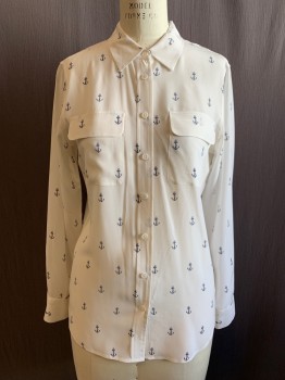 EQUIPMENT, White, Silk, Novelty Pattern, White with Navy Anchor Pattern, Button Front, Collar Attached, 2 Flap Patch Pockets, Long Sleeves, Button Cuff