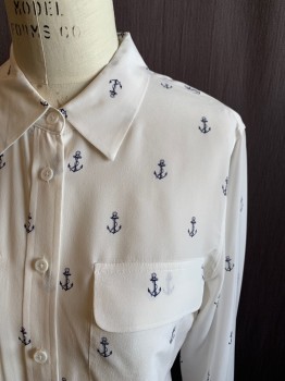 EQUIPMENT, White, Silk, Novelty Pattern, White with Navy Anchor Pattern, Button Front, Collar Attached, 2 Flap Patch Pockets, Long Sleeves, Button Cuff