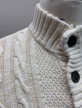 CHEROKEE, Ecru, Cotton, Solid, Cable Knit, Boys, Long Sleeves, Pullover, Mock Turtleneck, 3 Button Placket