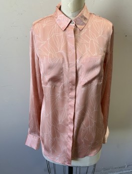 A NEW DAY, Rose Pink, White, Polyester, Leaves/Vines , Satin, Long Sleeves, Button Front, Collar Attached, 2 Patch Pockets
