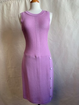 Womens, Dress, Sleeveless, ST. JOHN, Lilac Purple, Wool, Rayon, Solid, 2, Knit, Scoop Neck, Diagonal Ribbed Knit Top, Faux Button Skirt Placket, Silver/Lilac Buttons, Hem Below Knee, Zip Back