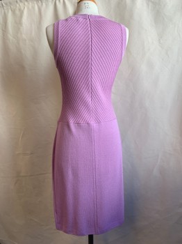 Womens, Dress, Sleeveless, ST. JOHN, Lilac Purple, Wool, Rayon, Solid, 2, Knit, Scoop Neck, Diagonal Ribbed Knit Top, Faux Button Skirt Placket, Silver/Lilac Buttons, Hem Below Knee, Zip Back