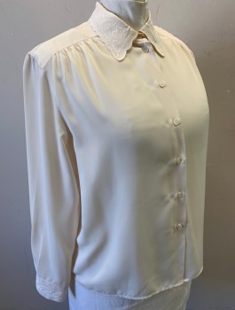 Womens, Blouse, N/L, Cream, Polyester, Solid, B:46, Long Sleeves, Button Front, Collar Attached, White Embroidery and Scallopped Edge on Collar and Cuffs, Gathered Shoulder Seam, Thin Shoulder Pads,