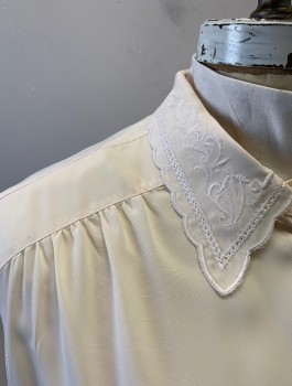 N/L, Cream, Polyester, Solid, Long Sleeves, Button Front, Collar Attached, White Embroidery and Scallopped Edge on Collar and Cuffs, Gathered Shoulder Seam, Thin Shoulder Pads,