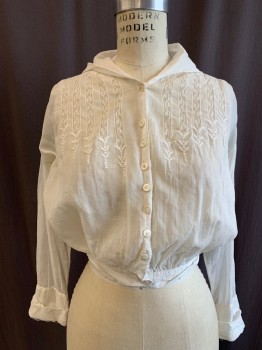 Womens, Blouse 1890s-1910s, N/L, White, Cotton, Solid, W 26, B 36, Button Front, Sailor Collar, Lace Inset Strips From Shoulders with White Embroidery at Bottoms of Stripes, Gathered at Waistband, 3/4 Sleeve, Rolled Back Cuff, *Holes Near Top 2 Button Holes, Shredding Fabric at Cuff