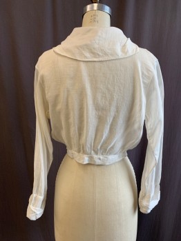 Womens, Blouse 1890s-1910s, N/L, White, Cotton, Solid, W 26, B 36, Button Front, Sailor Collar, Lace Inset Strips From Shoulders with White Embroidery at Bottoms of Stripes, Gathered at Waistband, 3/4 Sleeve, Rolled Back Cuff, *Holes Near Top 2 Button Holes, Shredding Fabric at Cuff