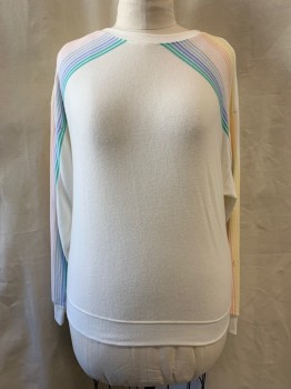 SPIRITUAL GANGSTER, White, Yellow, Lt Pink, Lt Orange, Lt Blue, Cotton, Modal, Stripes - Diagonal , Baby Blue, Green, Stripes on Shoulders & Sleeves, Crew Neck, Pullover, Long Sleeves, Ribbed Neck, Cuff, Cuffs