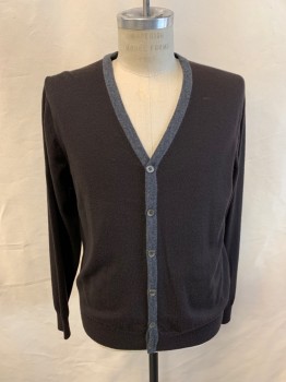 Mens, Cardigan Sweater, BROOME, Dk Brown, Heather Gray, Wool, Color Blocking, L, Long Sleeves, Button Front, 5 Buttons, Ribbed Waistband and Cuffs
