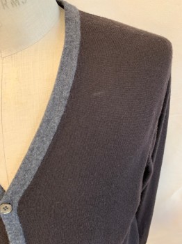 Mens, Cardigan Sweater, BROOME, Dk Brown, Heather Gray, Wool, Color Blocking, L, Long Sleeves, Button Front, 5 Buttons, Ribbed Waistband and Cuffs