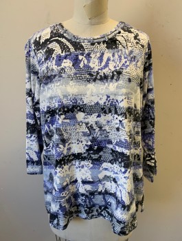 ALFRED DUNNER, White, Cornflower Blue, Gray, Black, Cotton, Spandex, Reptile/Snakeskin, Abstract , Jersey, 3/4 Sleeves, Pullover, Round Neck with Cutouts, Tiny Silver Rhinestones