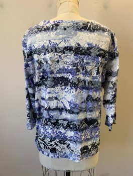 ALFRED DUNNER, White, Cornflower Blue, Gray, Black, Cotton, Spandex, Reptile/Snakeskin, Abstract , Jersey, 3/4 Sleeves, Pullover, Round Neck with Cutouts, Tiny Silver Rhinestones