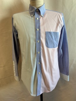 BROOKS BROTHERS, Lt Blue, Pink, Mint Green, Cotton, Color Blocking, Button Down Collar Attached, Long Sleeves, Button Front, 1 Pocket, 3 Button Cuff