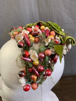 Womens, Hat, N/L, Multi-color, Olive Green, Magenta Pink, Off White, Beaded, Silk, Clusters of Plastic Berries, Silk Flowers and Leaves, Olive Velour Bow, Bits of Olive Netting in Poor Condition Attached