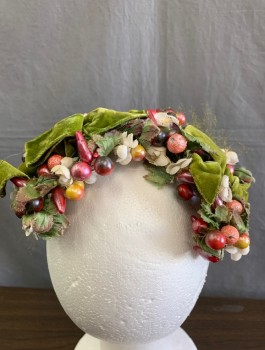 Womens, Hat, N/L, Multi-color, Olive Green, Magenta Pink, Off White, Beaded, Silk, Clusters of Plastic Berries, Silk Flowers and Leaves, Olive Velour Bow, Bits of Olive Netting in Poor Condition Attached