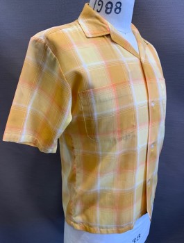 TOWNCRAFT, Goldenrod Yellow, Orange, White, Cotton, Plaid-  Windowpane, S/S, Button Front, Camp Shirt, 2 Patch Pockets