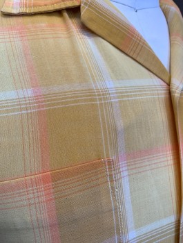 Mens, Casual Shirt, TOWNCRAFT, Goldenrod Yellow, Orange, White, Cotton, Plaid-  Windowpane, N:15.5, M, S/S, Button Front, Camp Shirt, 2 Patch Pockets